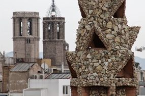 stone decorated chimney, spain, barcelona