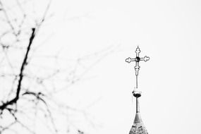 cross church at sky, black and white