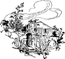 Black and white outline drawing of the house with trees