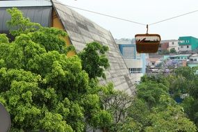 basket hanging on line in view of town