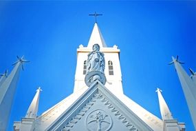 white church with blue crosses on a clear sky