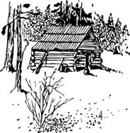 Drawing of a wooden house in the forest