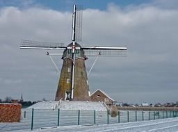 windmill against the background of a winter landscape in Germany