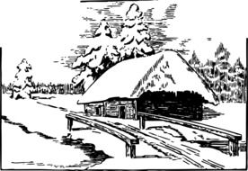 house in snow forest drawing