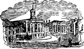 black and white pencil drawing of a building under the clouds
