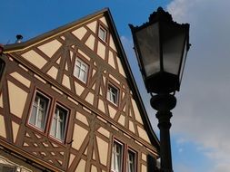 lantern before timber framed house, germany, heidelberg