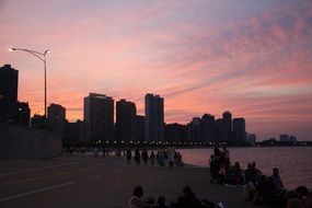 downtown in the evening with colorful sky
