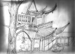 black and white tea house drawing