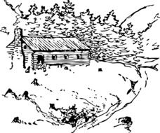 hand built log house in wilderness, drawing