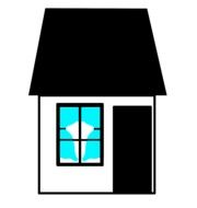 drawing house with window and blue curtains
