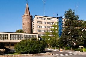 contemporary buildings and aged tower, poland, opole