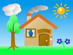 child's drawing of a house with trees and flowers