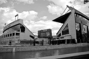 Black and white photo of the football stadium
