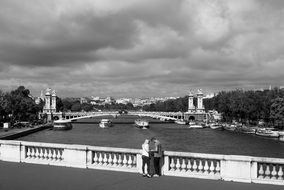 panoramic view of bridges on the river Seine in black and white image