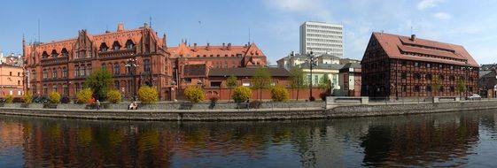 ancient brick building on the promenade in Bydgoszcz