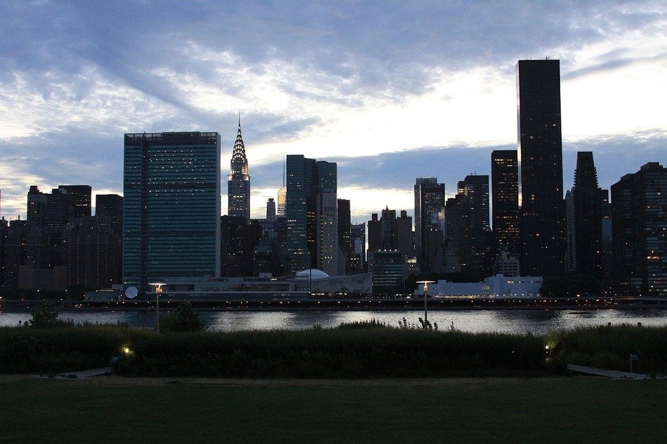 River in the city on skyline
