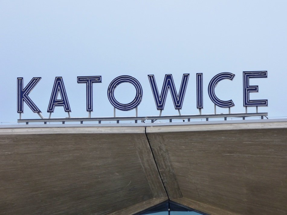 'Katowice' sign in the background of the clear sky