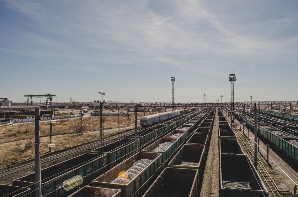 Beautiful panorama of rail routes among the fields in Kazakhstan