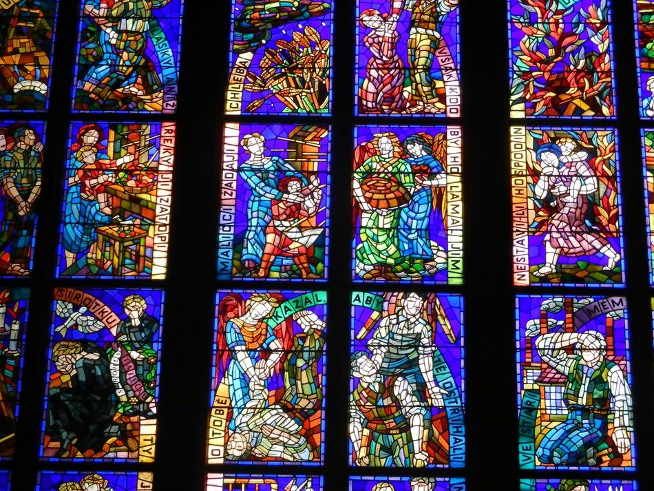 drawings on stained glass windows in the church