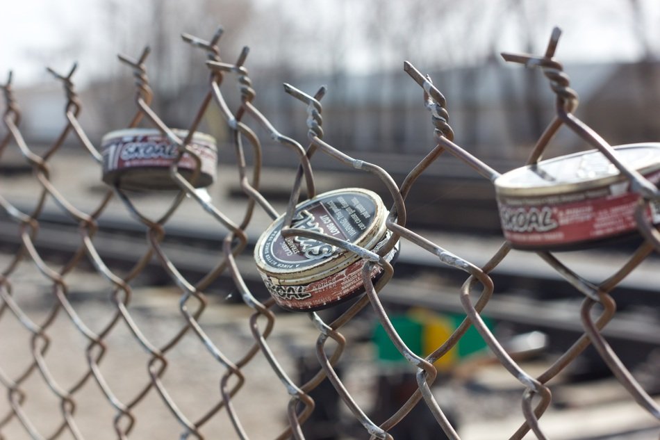 cans with chewing tobacco on the fence