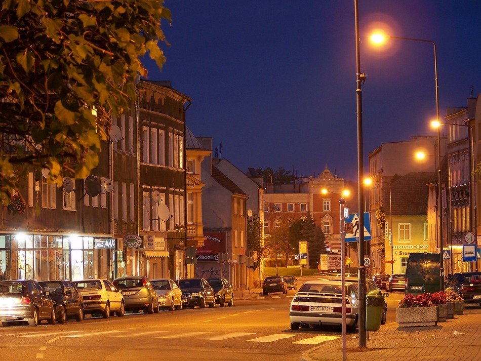 Night panorama of Zagan town on the Bobr river