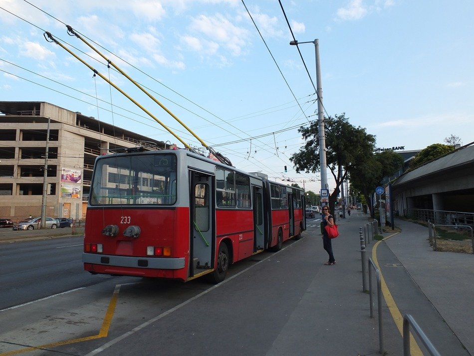 red trolley at the bus stop in budapest