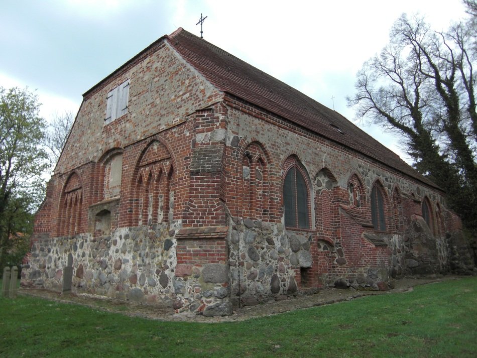 Old brick protestant church in village