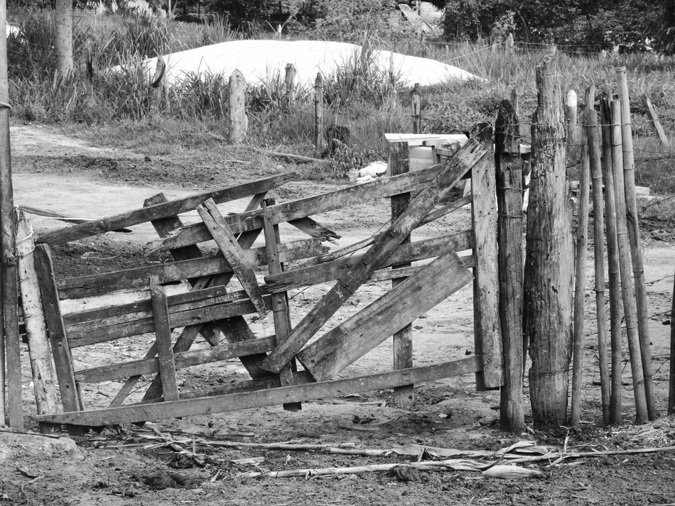 wooden ruined fence on a farm, black and white, brazil, roça