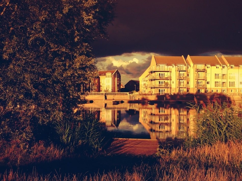 apartment building by the lake