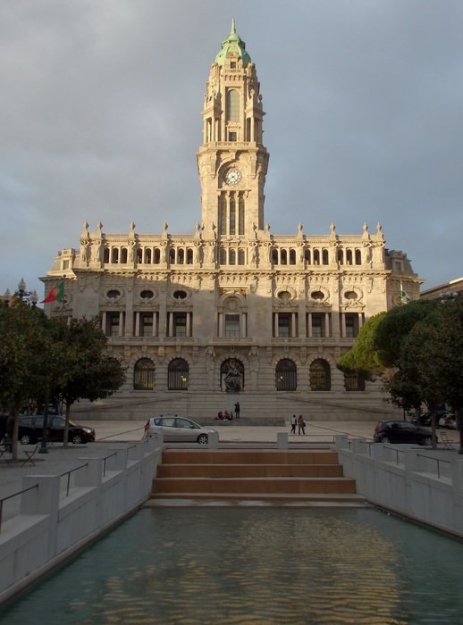 distant view of the city hall in the city of porto