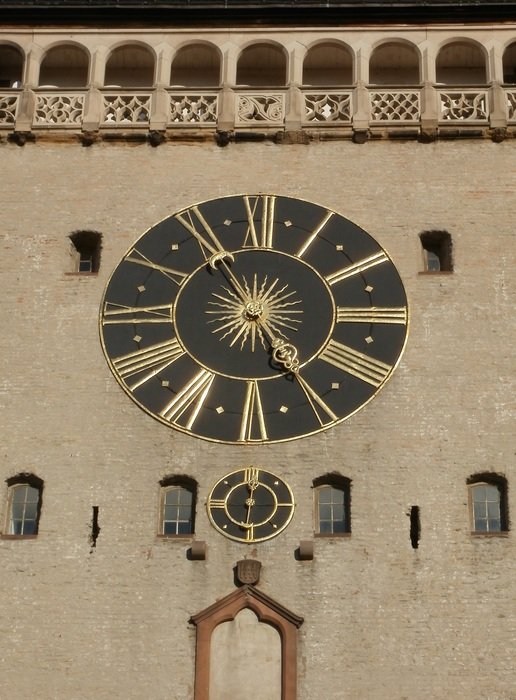 old gate clock tower with decor on the facade, germany, Speyer