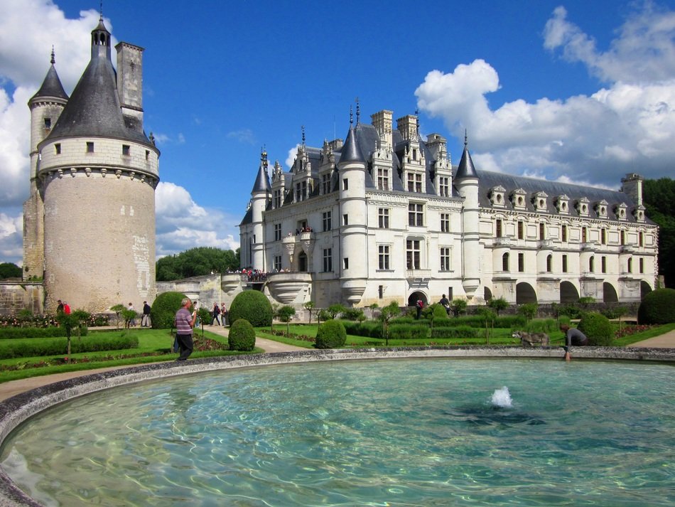 chenonceau loire chateau with water and plants in Feance