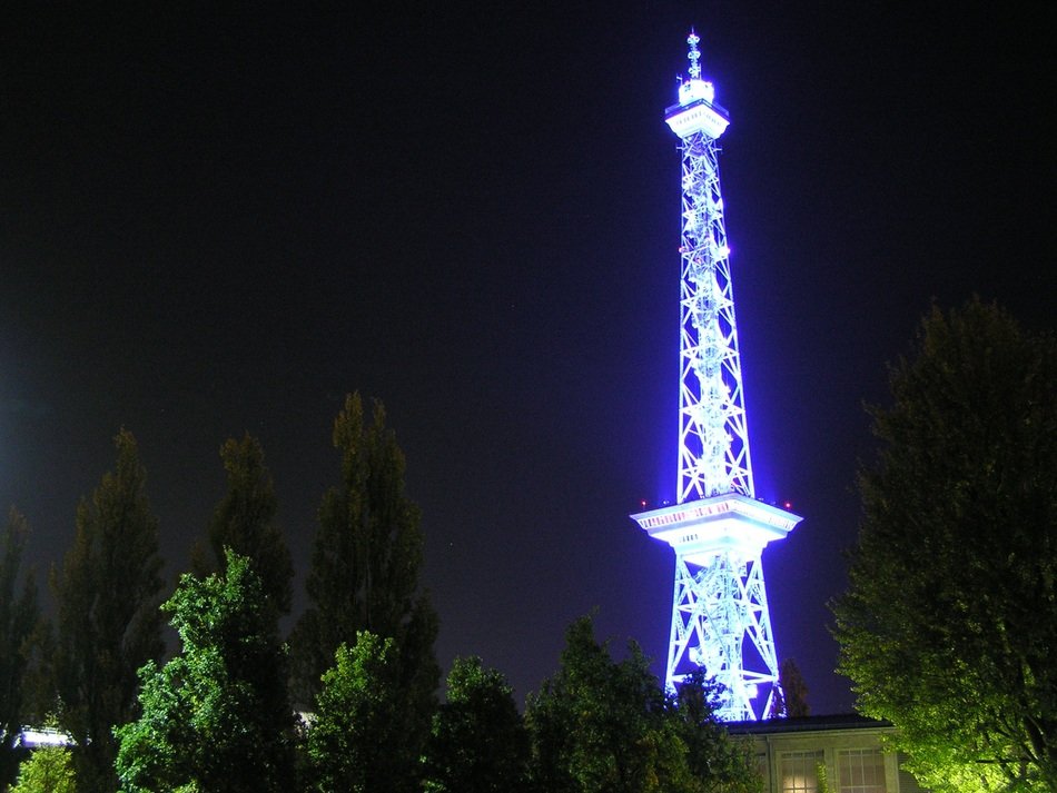 radio tower construction in the night lights