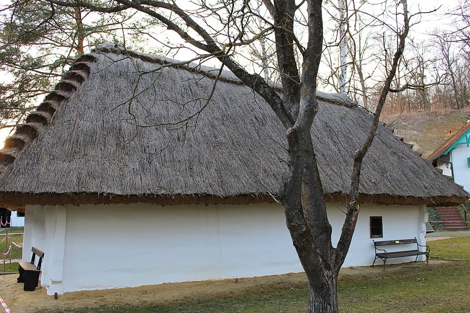 village house with thatched roof at fall