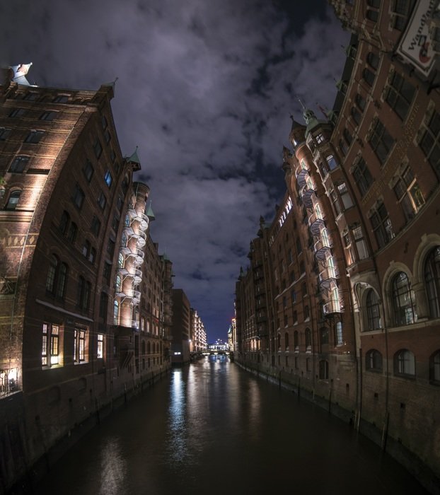 panorama of the city canal in Europe at night