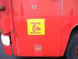 red truck with graffiti