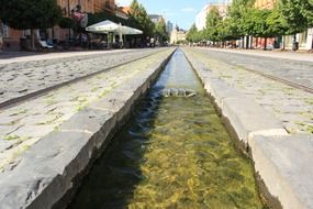 narrow water channel on the main street in Kosice