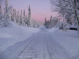 snow and ice on the winter forest road