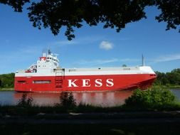 red ship with the name 