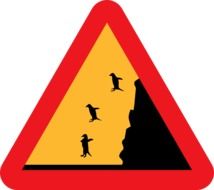 penguins falling from cliff on the sign at white background