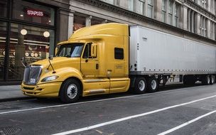 big yellow truck in city, usa, manhattan, nyc