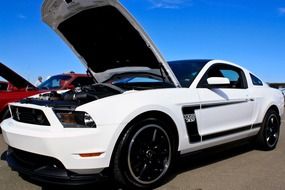 new ford mustang car with open hood