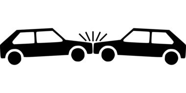 Black and white graphic image of the collision of two cars