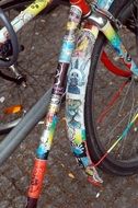 stickers on the frame of the bike
