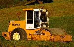 yellow roller on a green meadow