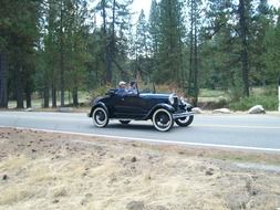 two persons in retro auto on road at forest