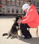 woman in a pink jacket with a dog on the street