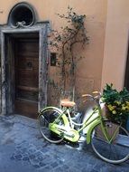 vintage bicycle on the street with flowers in a basket