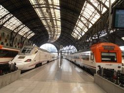 modern passenger trains on station, spain, barcelona