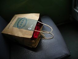 things in a paper bag in a car